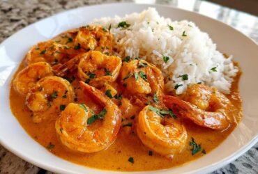 Close-up of a white plate featuring Creamy Cajun Shrimp and Rice Skillet, garnished with parsley.