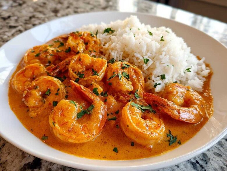 Close-up of a white plate featuring Creamy Cajun Shrimp and Rice Skillet, garnished with parsley.