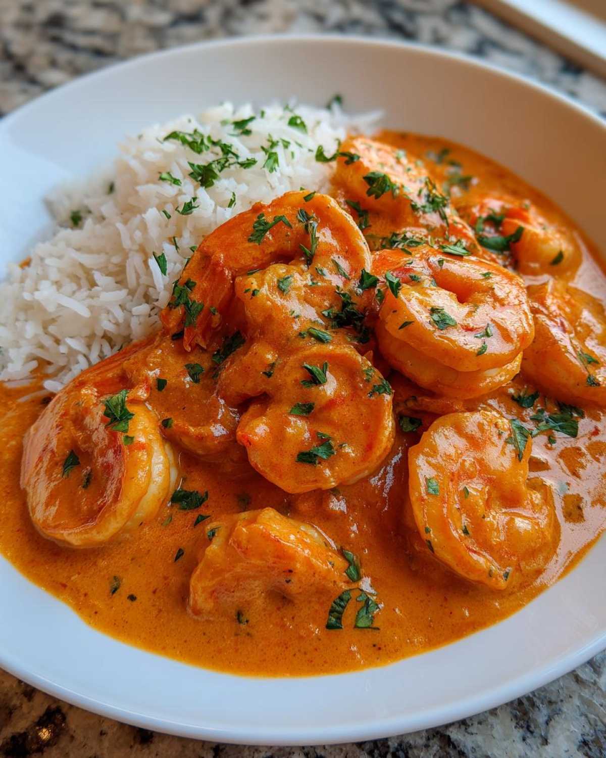 Close-up of a bowl of Creamy Cajun Shrimp and Rice Skillet, featuring plump shrimp in orange sauce next to white rice, garnished with parsley.