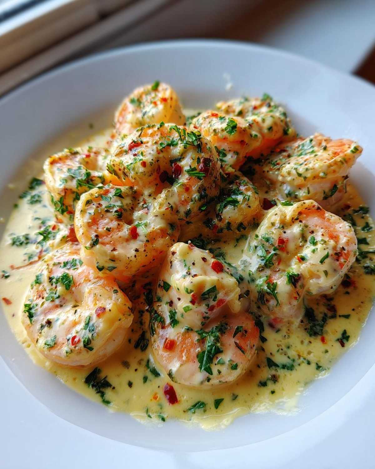 Close-up of plump shrimp coated in a rich, creamy Parmesan sauce, topped with fresh parsley and red pepper flakes, showcasing the Garlic Butter Shrimp.