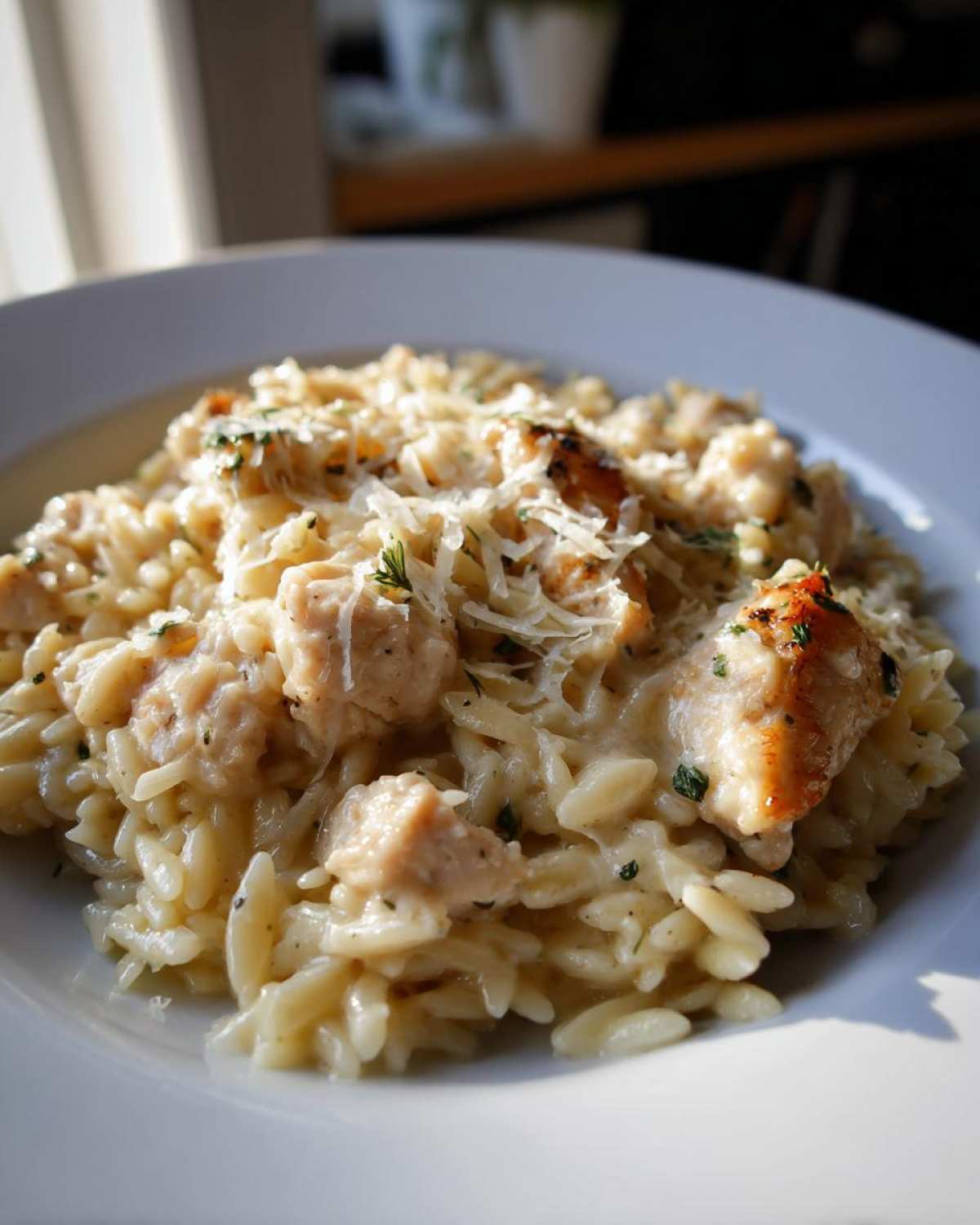 A close-up of a bowl of Creamy Garlic Parmesan Orzo with Chicken, topped with shredded cheese and herbs.