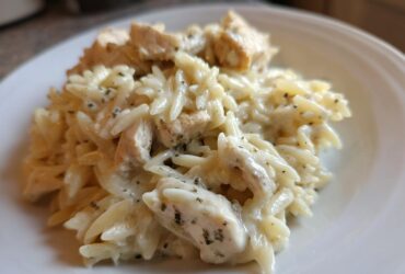 A close-up serving of Creamy Garlic Parmesan Orzo with Chicken coated in a rich white sauce and sprinkled with herbs.
