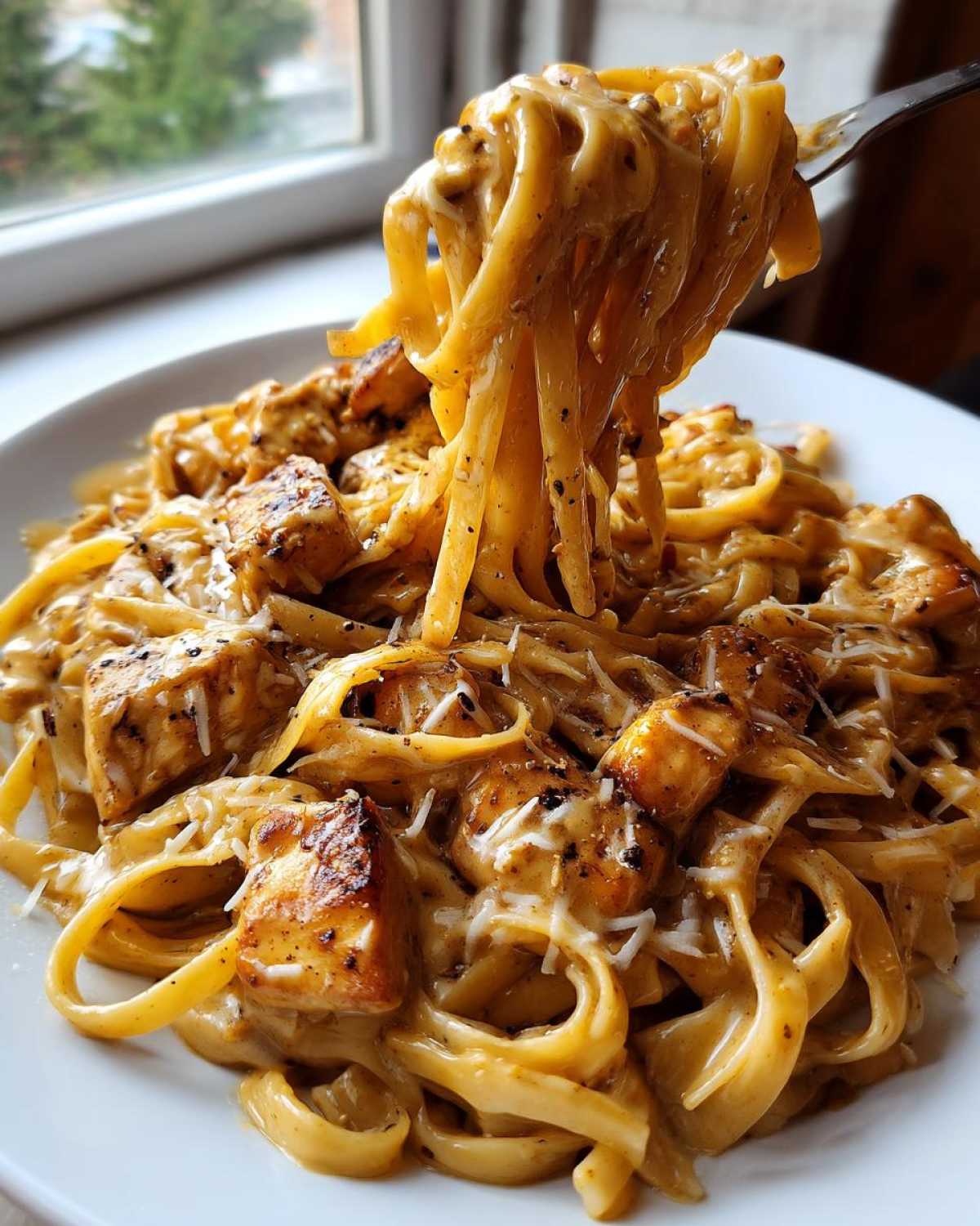 A fork lifting a twirl of fettuccine from a plate of Honey Garlic Chicken Pasta with cream sauce and chunks of seasoned chicken.