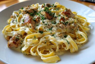Close-up of fettuccine pasta coated in a rich sauce with chunks of seared chicken, garnished with parsley: Creamy Lemon Garlic Pasta with Chicken.