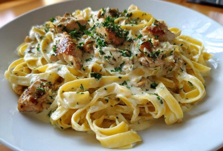 Close-up of fettuccine pasta coated in a rich sauce with chunks of seared chicken, garnished with parsley: Creamy Lemon Garlic Pasta with Chicken.
