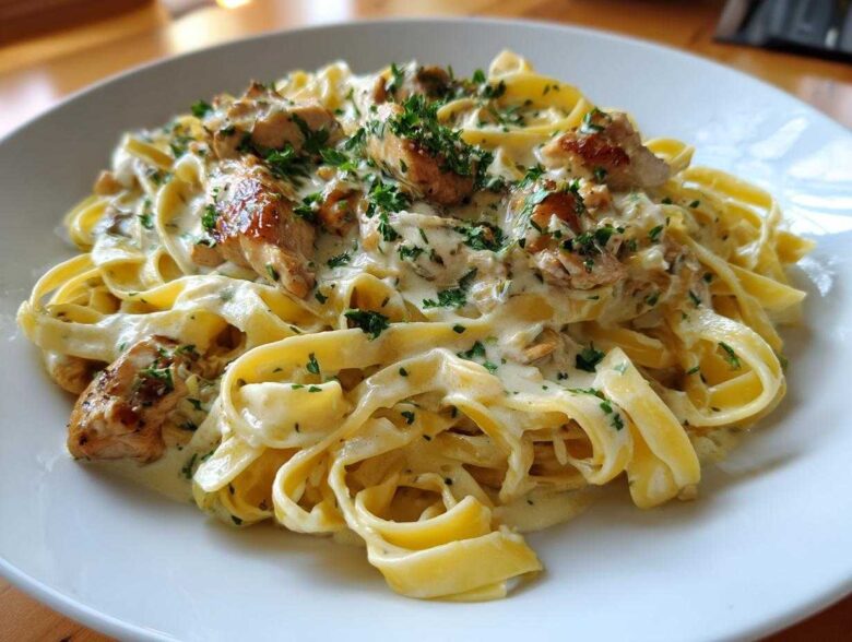 Close-up of fettuccine pasta coated in a rich sauce with chunks of seared chicken, garnished with parsley: Creamy Lemon Garlic Pasta with Chicken.