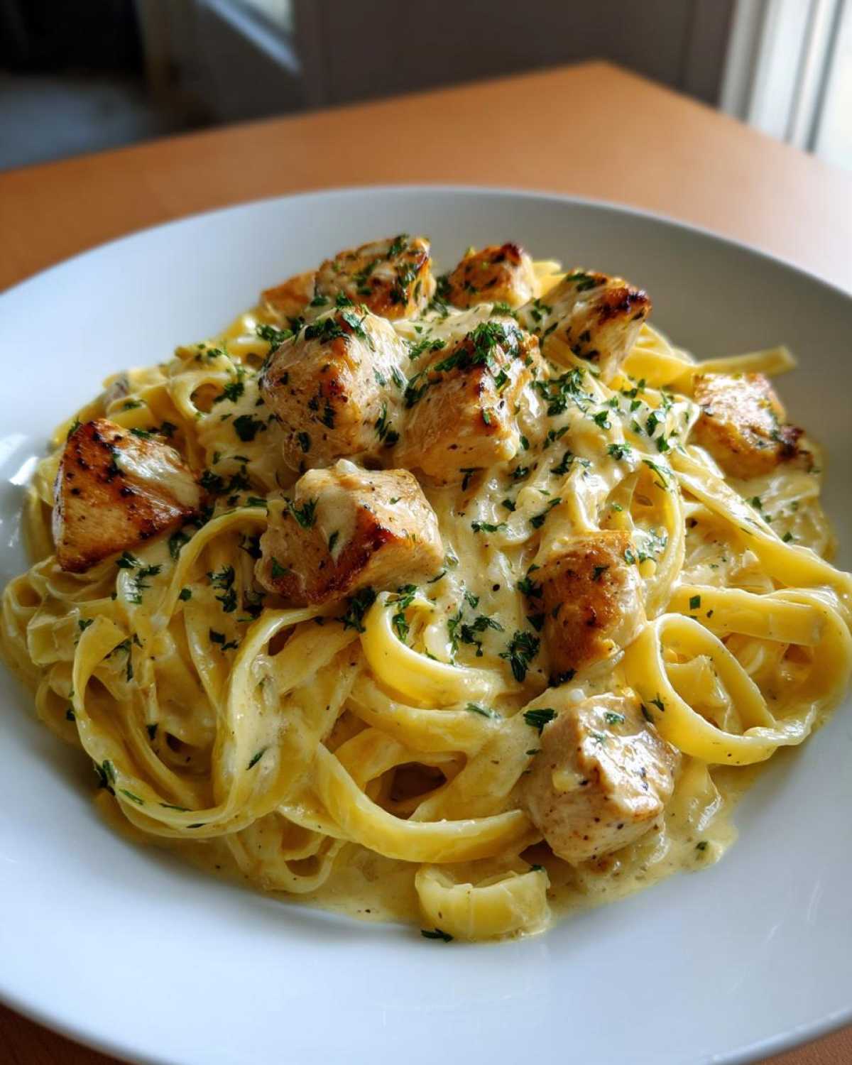 A close-up of Creamy Lemon Garlic Pasta with Chicken served in a white bowl, topped with parsley.