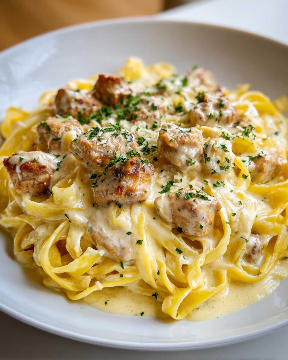 Close-up of Creamy Lemon Garlic Pasta with Chicken tossed in a rich sauce, garnished with parsley and cheese.