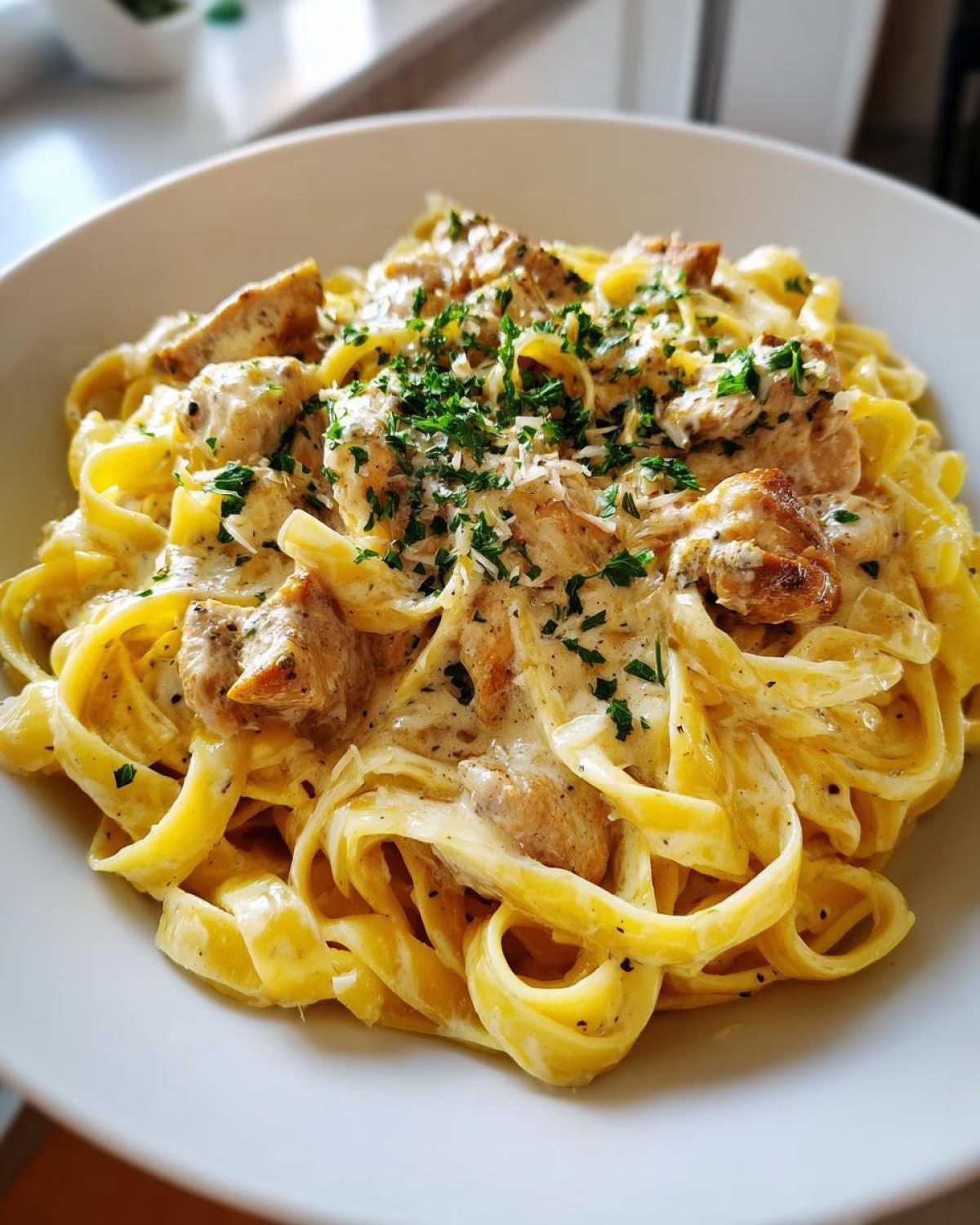 A close-up of fettuccine pasta tossed in a rich sauce with chunks of chicken, garnished with parsley for Creamy Lemon Garlic Pasta with Chicken.