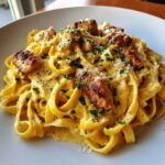 Close-up of rich Creamy Lemon Garlic Pasta with Chicken, topped with parsley and Parmesan.