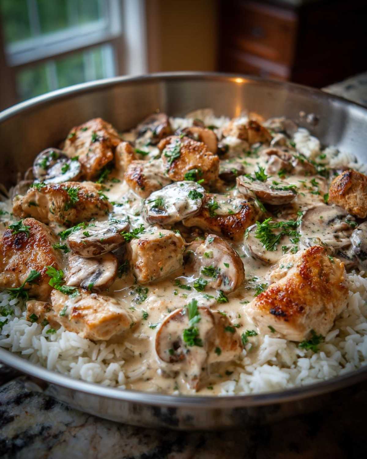 Close-up of Creamy Mushroom Chicken and Rice Skillet served directly in a stainless steel skillet, topped with parsley.