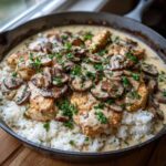 Close-up of pan-fried chicken breasts topped with mushroom sauce and fresh parsley, served over white rice in a skillet for Creamy Mushroom Chicken and Rice Skillet.