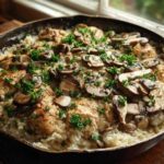 A close-up of Creamy Mushroom Chicken and Rice Skillet served in a cast iron pan, topped with sliced mushrooms and parsley.