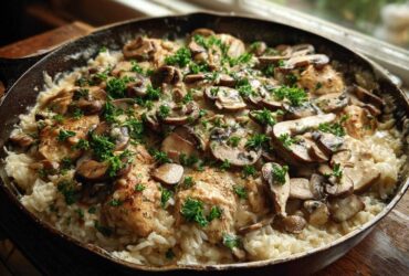A close-up of Creamy Mushroom Chicken and Rice Skillet served in a cast iron pan, topped with sliced mushrooms and parsley.