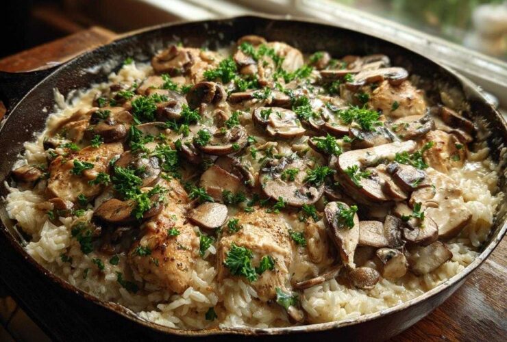 A close-up of Creamy Mushroom Chicken and Rice Skillet served in a cast iron pan, topped with sliced mushrooms and parsley.