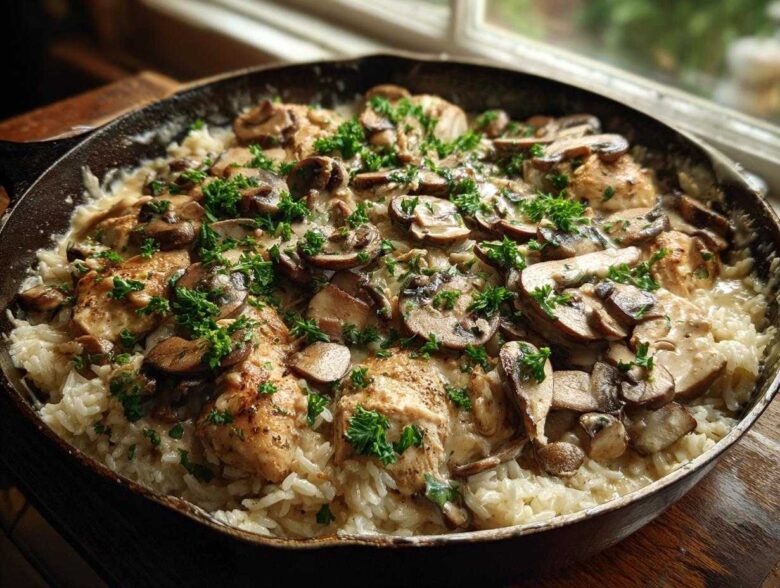 A close-up of Creamy Mushroom Chicken and Rice Skillet served in a cast iron pan, topped with sliced mushrooms and parsley.