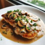 A perfectly cooked chicken breast smothered in a rich, creamy mushroom sauce and garnished with fresh parsley.