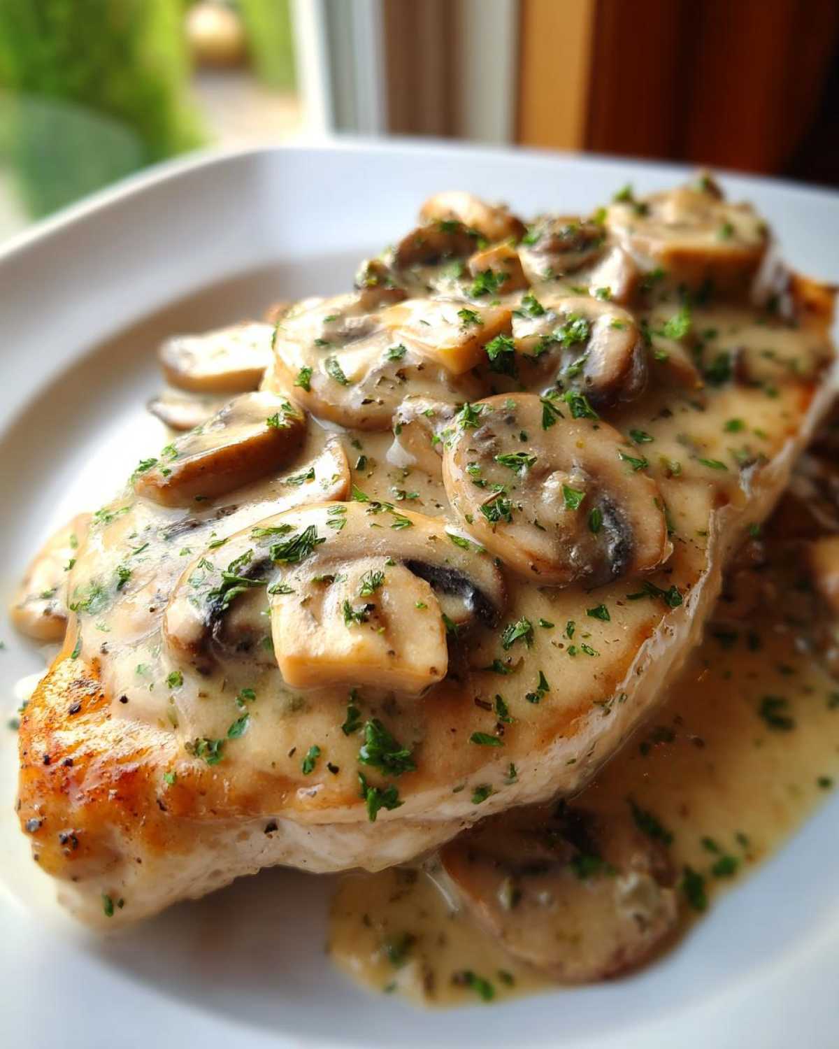A perfectly cooked chicken breast smothered in a creamy mushroom sauce and garnished with fresh parsley.