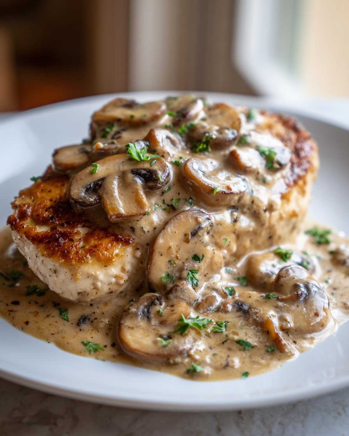 A perfectly seared chicken breast smothered in a rich sauce loaded with sliced mushrooms and parsley.
