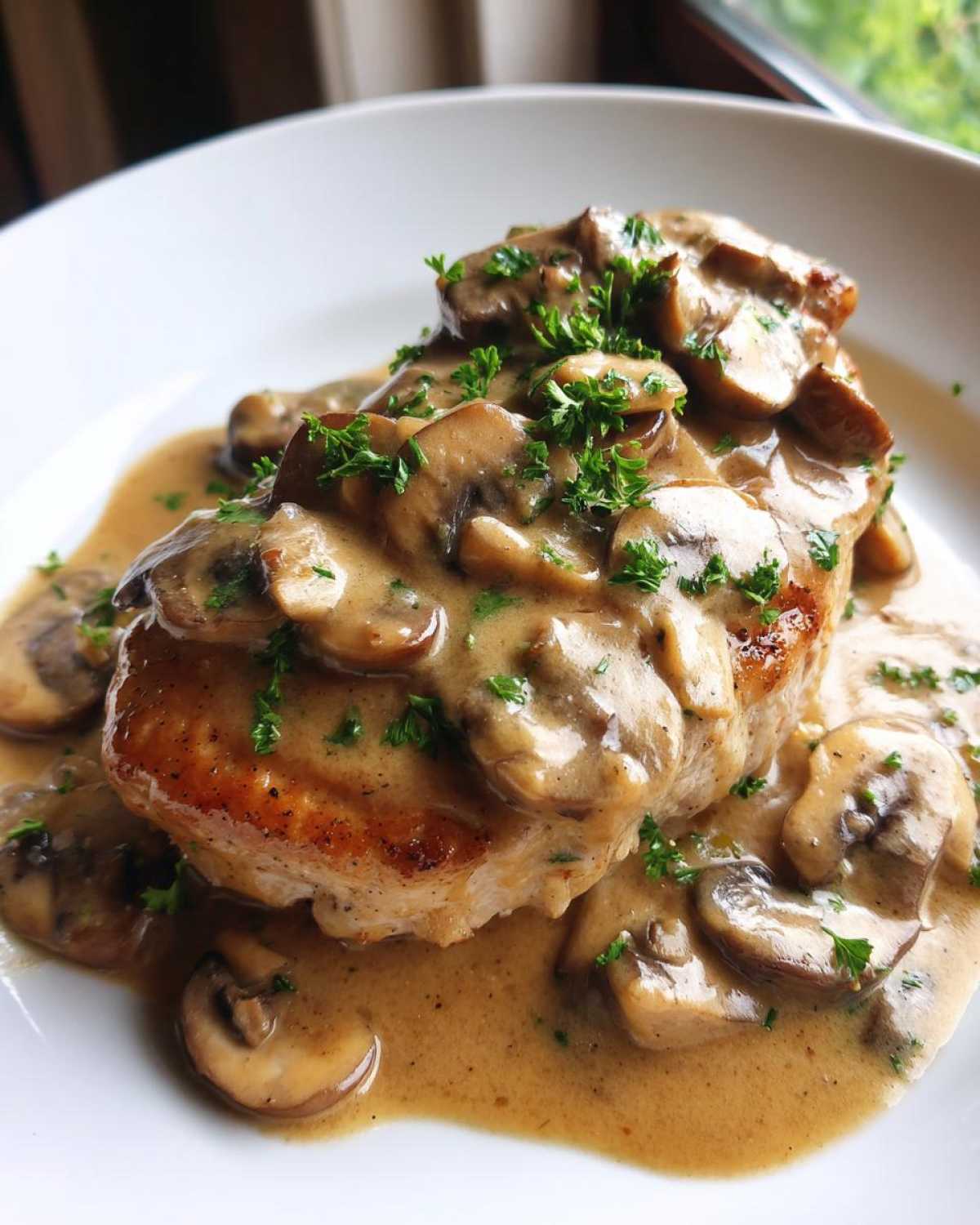 A perfectly seared chicken breast smothered in a rich sauce with sliced mushrooms, garnished with parsley, showcasing Creamy Mushroom Chicken.