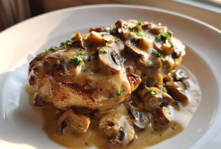A perfectly cooked chicken breast smothered in a rich sauce with sliced mushrooms, part of the Creamy Mushroom Chicken recipe.