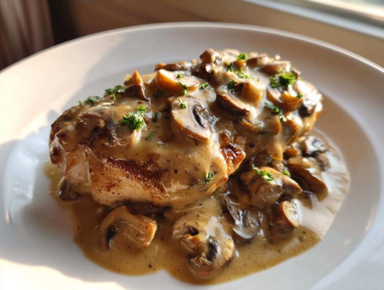 A perfectly cooked chicken breast smothered in a rich sauce with sliced mushrooms, part of the Creamy Mushroom Chicken recipe.