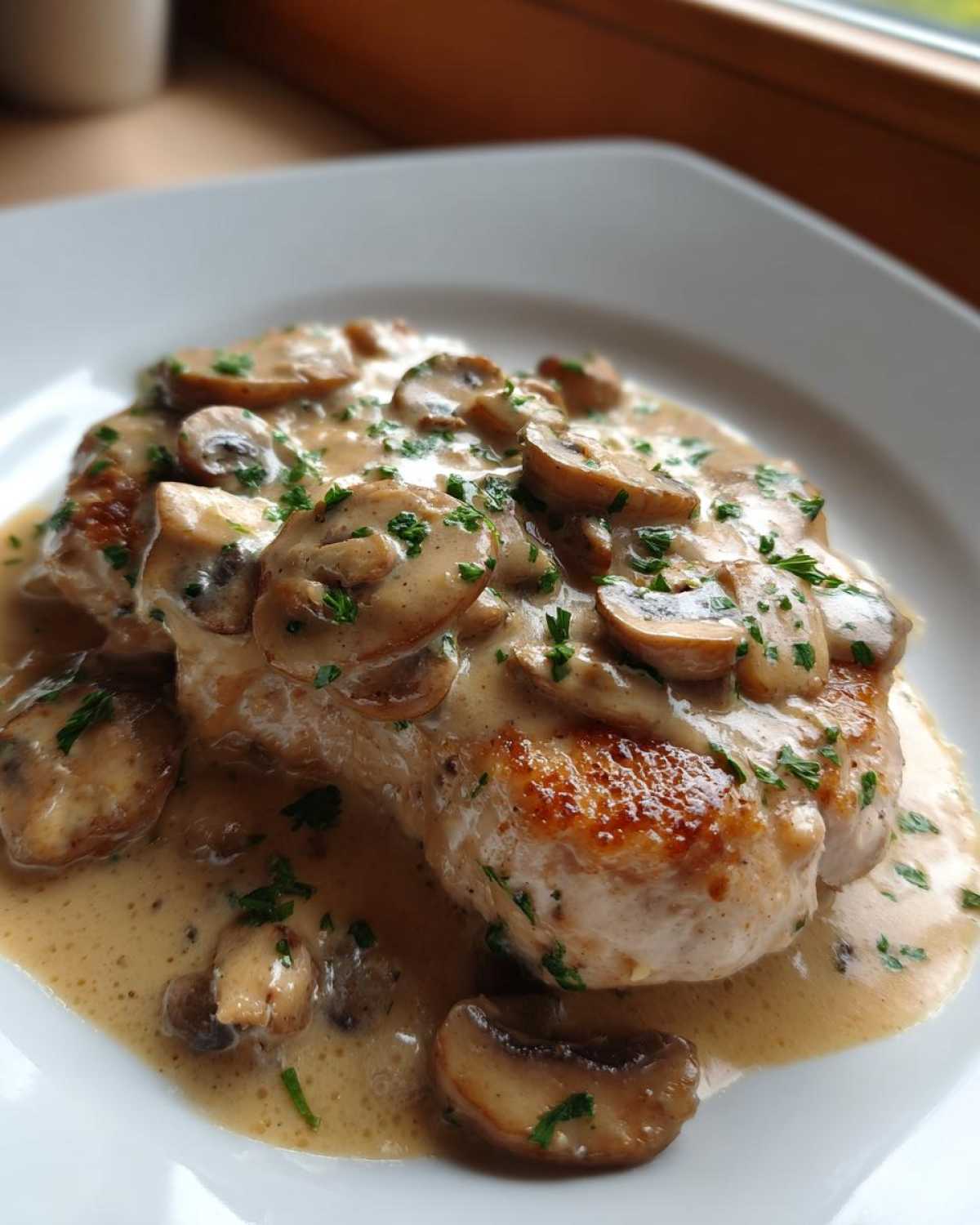 A pan-seared chicken breast smothered in a rich sauce with sliced mushrooms, garnished with parsley, representing Creamy Mushroom Chicken.