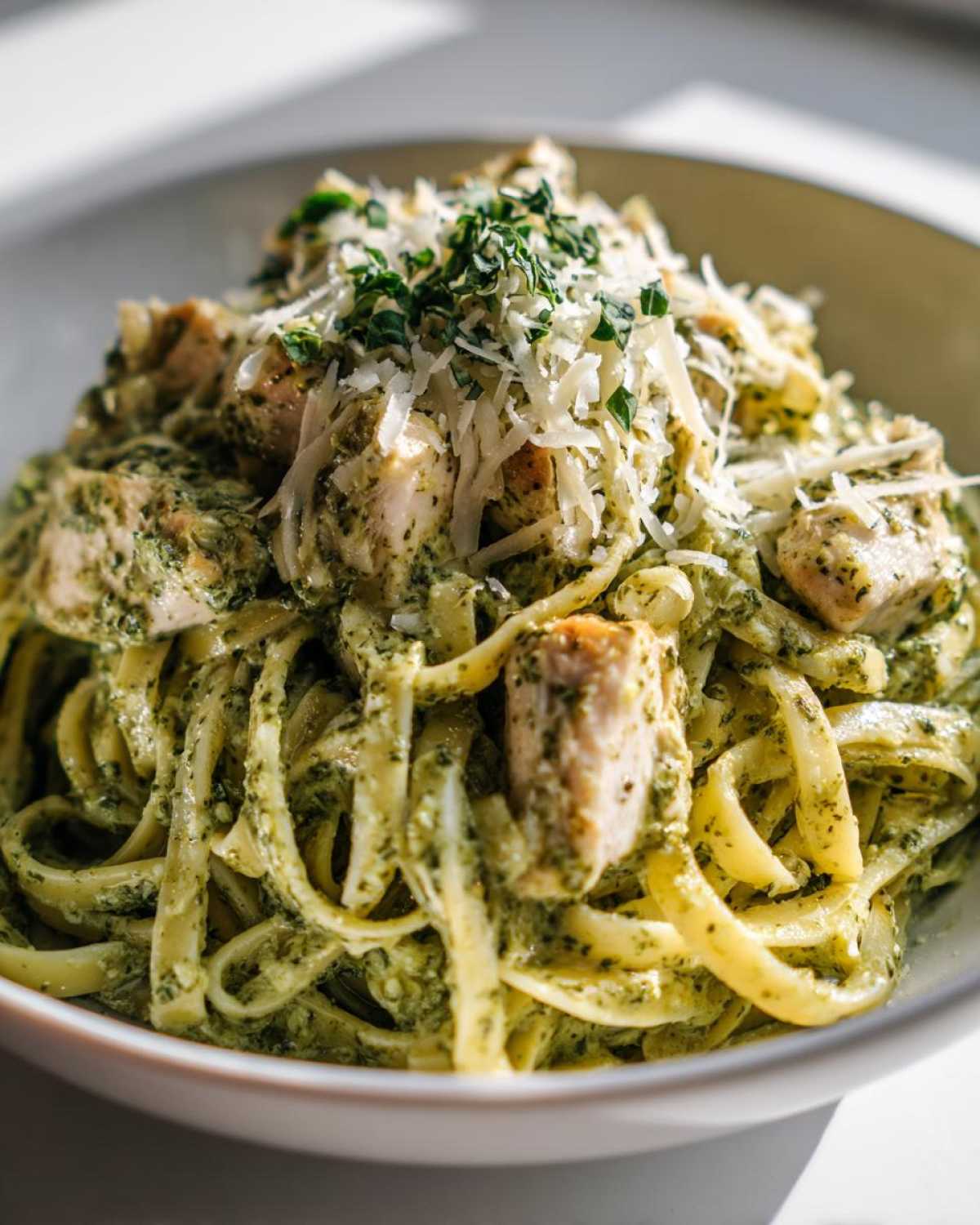 A close-up of a bowl of Creamy Pesto Chicken Pasta with Mozzarella, topped with grated cheese and herbs.