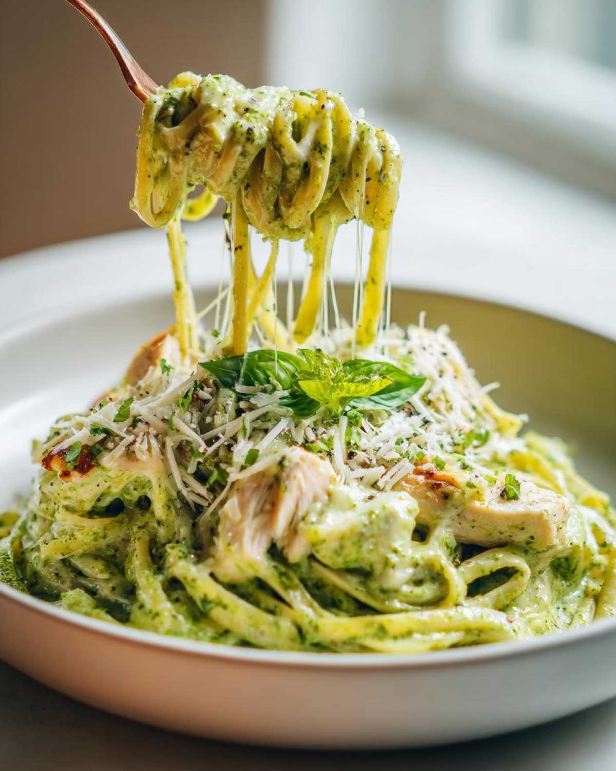 A fork lifts pasta coated in green pesto sauce, showing a dramatic cheese pull from the Creamy Pesto Chicken Pasta with Mozzarella.