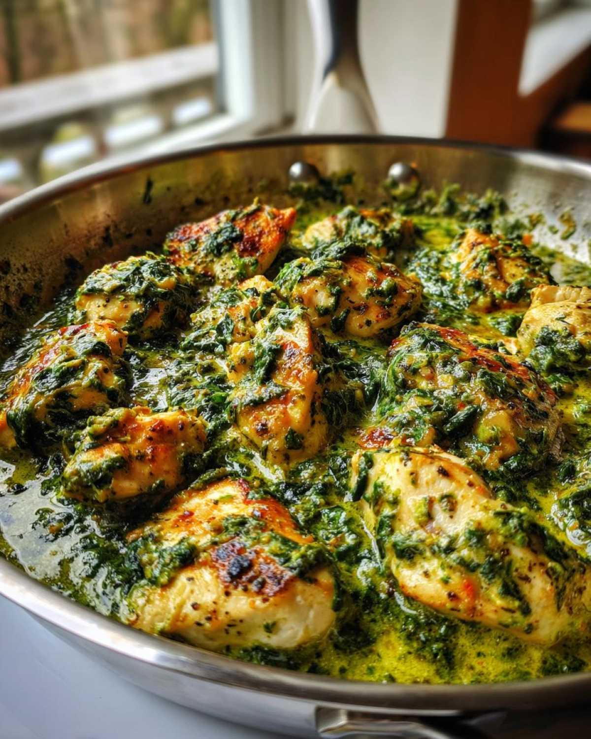Close-up of seared chicken breasts simmering in a rich, green, creamy spinach sauce in a stainless steel skillet.