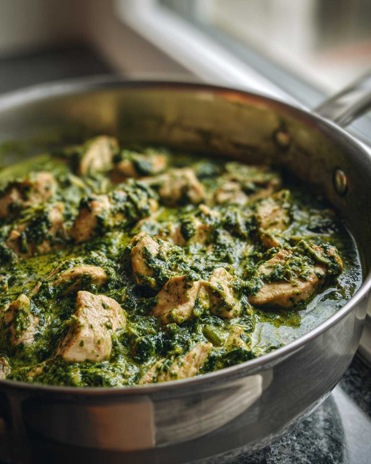 Close-up of chunks of chicken simmering in a rich, green sauce in a stainless steel skillet, representing Creamy Spinach Chicken Skillet with Parmesan.