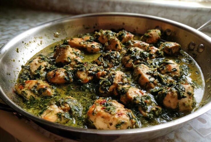 Close-up of seasoned chicken pieces simmering in a rich, green sauce with spinach in a stainless steel skillet, ready for Creamy Spinach Chicken Skillet with Parmesan.