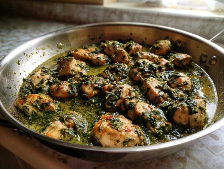 Close-up of seasoned chicken pieces simmering in a rich, green sauce with spinach in a stainless steel skillet, ready for Creamy Spinach Chicken Skillet with Parmesan.