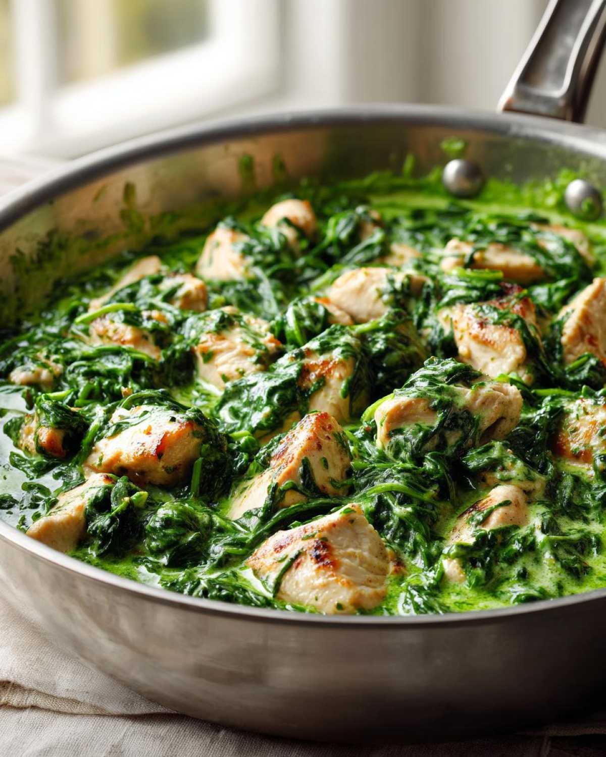 Close-up of browned chicken pieces simmering in a vibrant green, creamy spinach sauce in a stainless steel skillet.