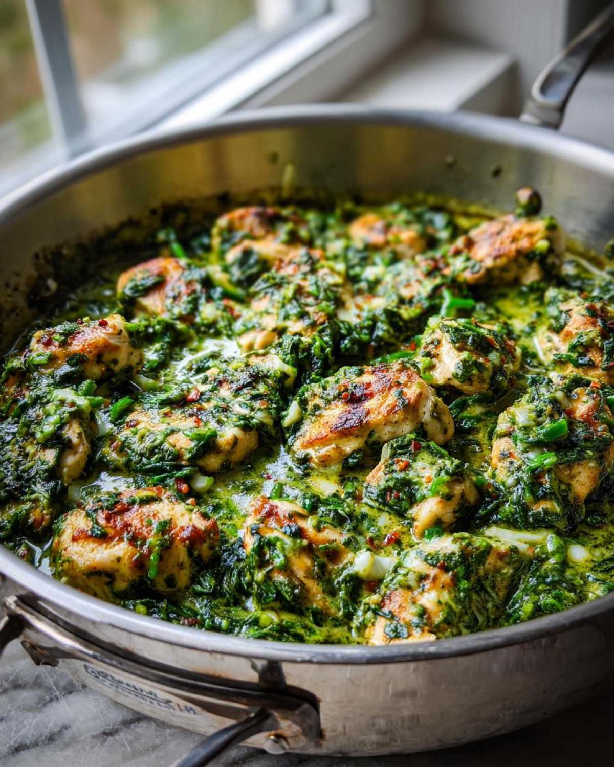 Golden seared chicken pieces submerged in a vibrant green, creamy spinach sauce in a stainless steel skillet.
