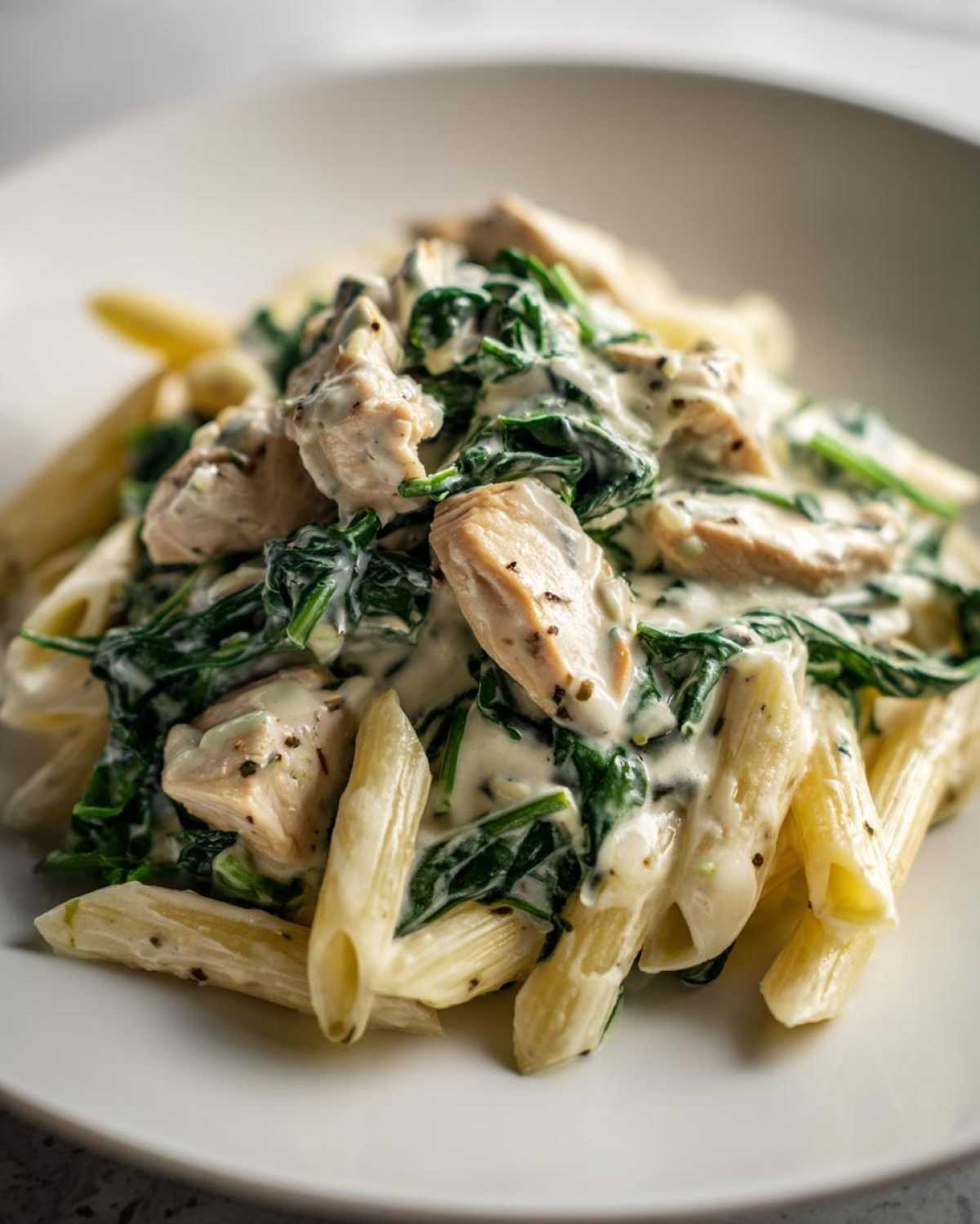 A close-up of a serving of Creamy Spinach Pasta with Chicken Dinner featuring penne pasta, chunks of chicken, and wilted spinach in a rich white sauce.