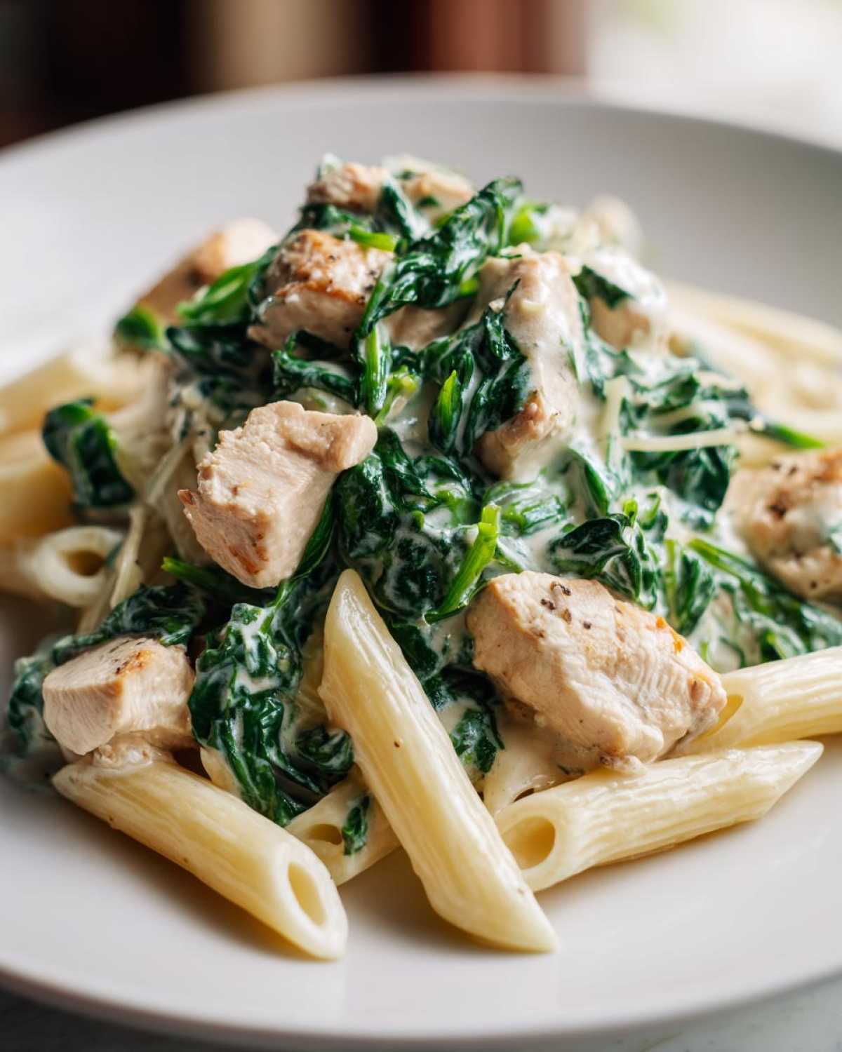 Close-up of penne pasta topped with chunks of chicken and wilted spinach in a rich, creamy sauce for a Creamy Spinach Pasta with Chicken Dinner.