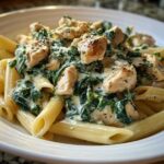 Close-up of penne pasta tossed in a rich, creamy sauce with spinach and chunks of seasoned chicken, ready for a Creamy Spinach Pasta with Chicken Dinner.