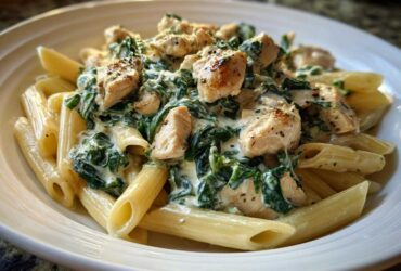 Close-up of penne pasta tossed in a rich, creamy sauce with spinach and chunks of seasoned chicken, ready for a Creamy Spinach Pasta with Chicken Dinner.