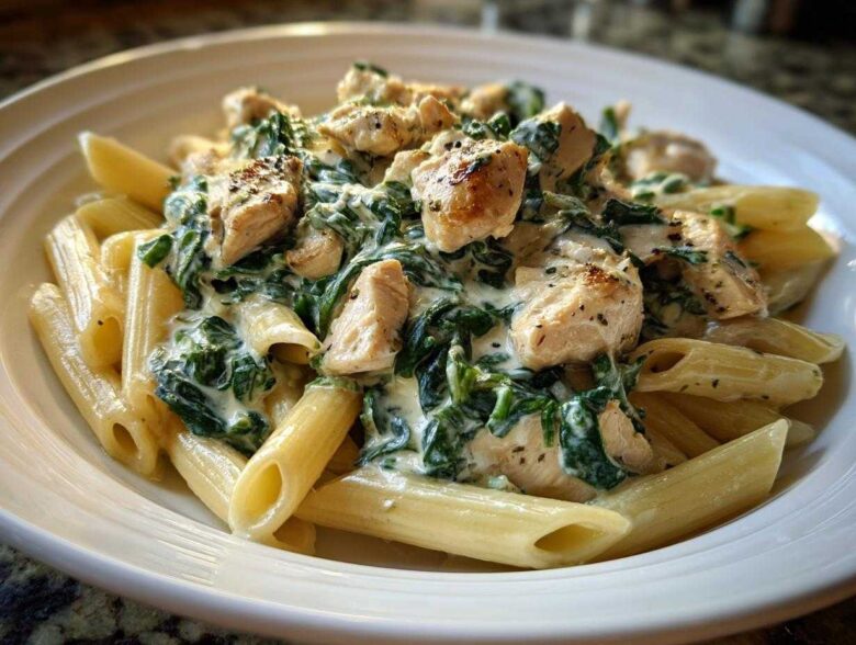 Close-up of penne pasta tossed in a rich, creamy sauce with spinach and chunks of seasoned chicken, ready for a Creamy Spinach Pasta with Chicken Dinner.