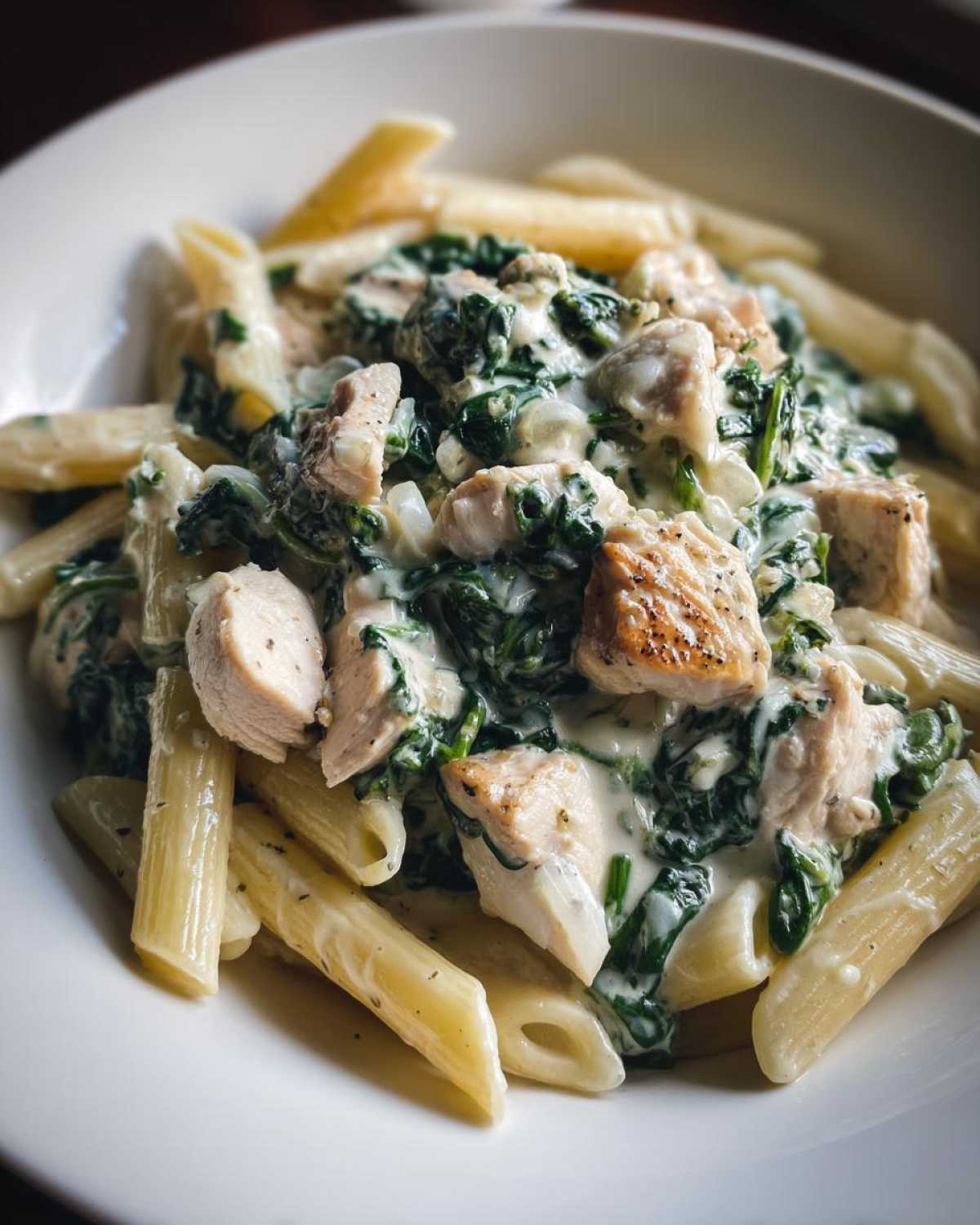 A close-up of a white bowl filled with Creamy Spinach Pasta with Chicken, featuring penne pasta, chunks of seasoned chicken, and wilted spinach in a rich white sauce.