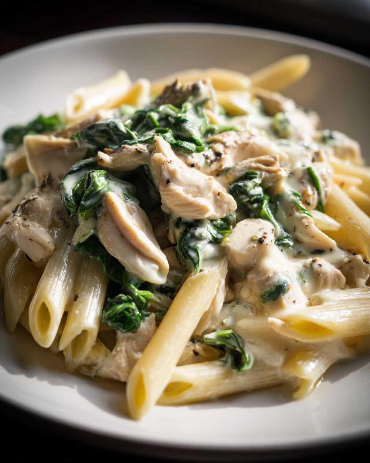 A close-up of a white bowl filled with Creamy Spinach Pasta with Chicken, featuring penne pasta, sliced chicken, and wilted spinach in a rich white sauce.