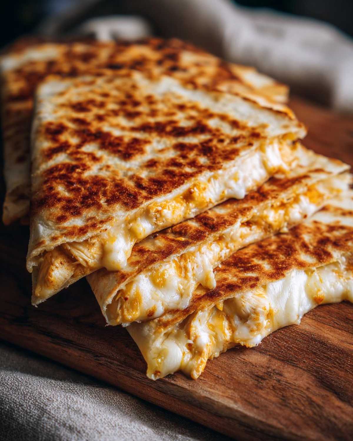 Close-up of stacked, golden-brown Cheesy Chicken Quesadilla slices oozing melted cheese.