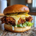 A close-up of a Crispy Chicken Burger with melty cheese dripping over the fried chicken patty and pickles.