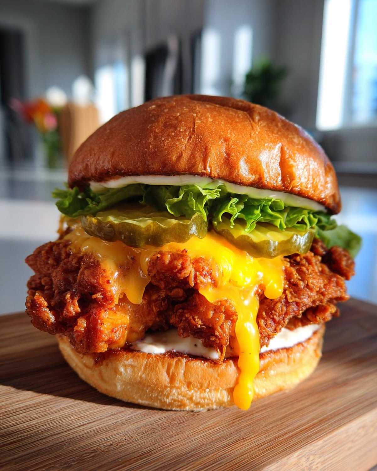 A close-up of a delicious Crispy Chicken Burger with Melty Cheese, pickles, and lettuce on a brioche bun.