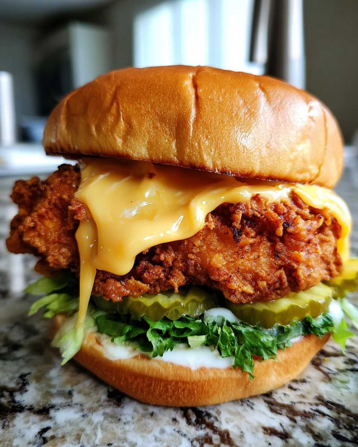 A close-up of a Crispy Chicken Burger with Melty Cheese, featuring a thick fried patty, dripping cheese, pickles, and lettuce on a brioche bun.