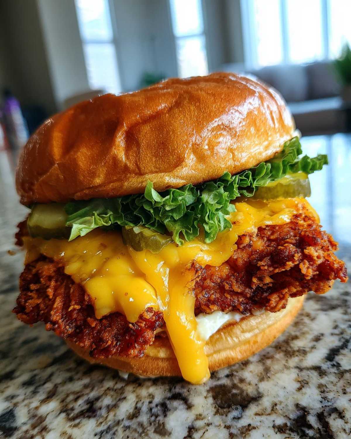 A close-up of a Crispy Chicken Burger with melty cheese dripping over the fried chicken patty, lettuce, and pickles.