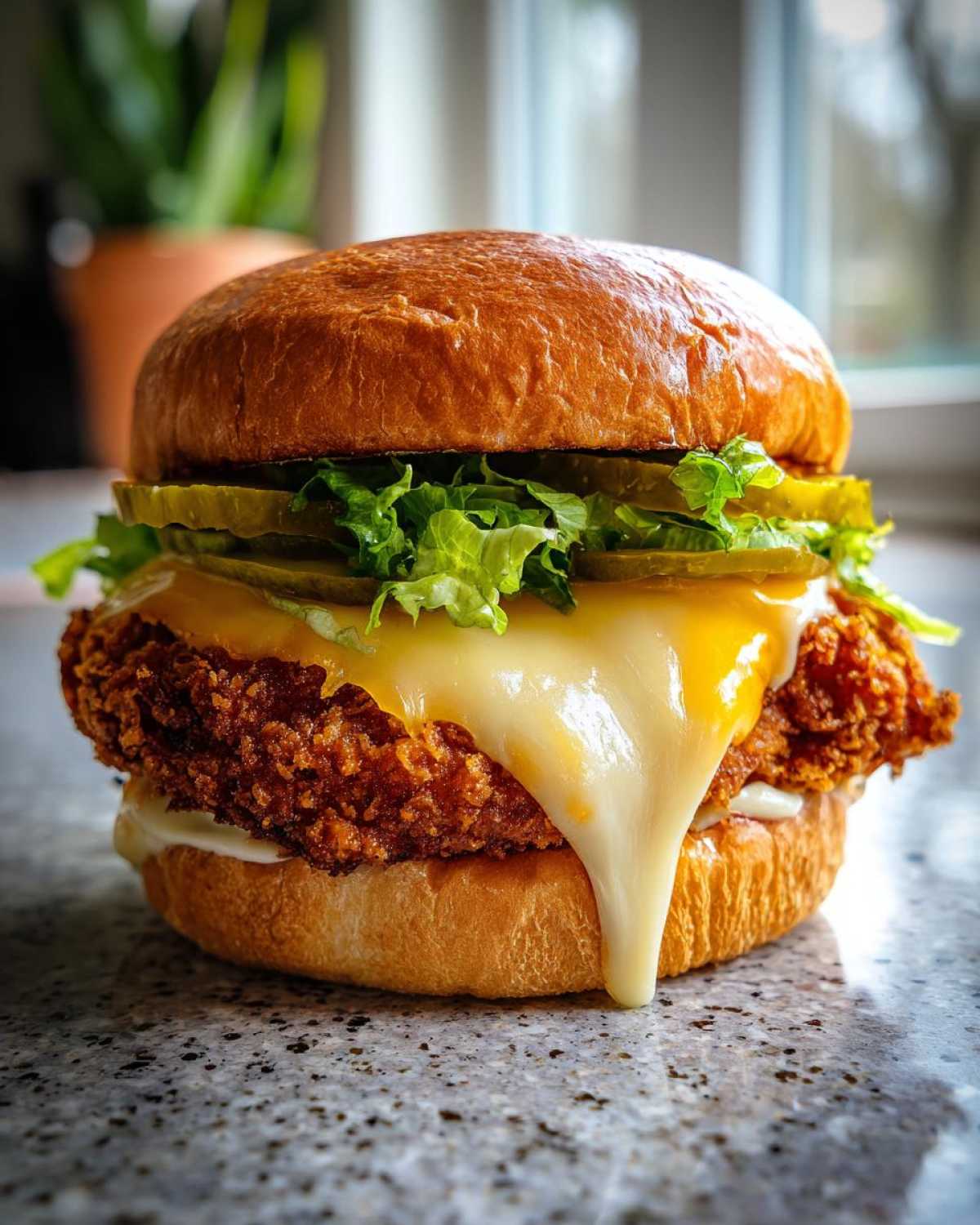 A close-up of a Crispy Chicken Burger with Melty Cheese, featuring a thick fried patty, dripping cheese, pickles, and lettuce on a brioche bun.