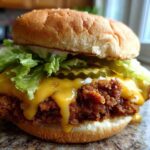 A close-up shot of a juicy Crispy Chicken Burger with melty cheese dripping over the fried patty, topped with lettuce and pickles.