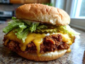 A close-up shot of a juicy Crispy Chicken Burger with melty cheese dripping over the fried patty, topped with lettuce and pickles.